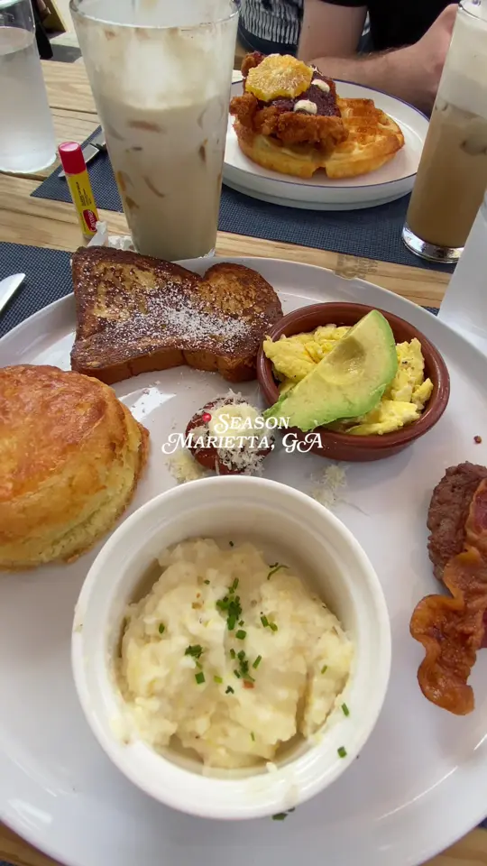 Season in Marietta showing brunch, waffles, coffee, video by rileyfasano on TikTok