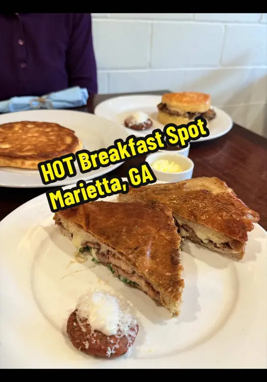 Season in Marietta showing breakfast, pork belly grilled cheese, whole duck biscuit, buttermilk pancake, matcha flight, video by naia_foodie on TikTok