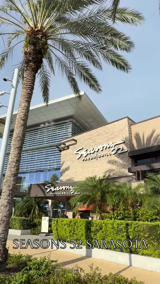Seasons 52 in Tampa showing review, visit, watermelon prosecco toast, tuna tare tare, steak and scallops, mini desserts, turtle cheesecake, video by Samantha Cantrell on Facebook