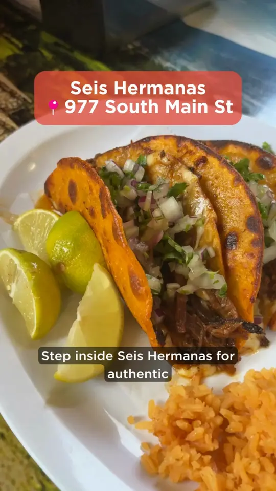 Seis Hermanas Mexican Food in Conyers showing quesabirrias, pupusas, nachos, fajitas, churro cheesecakes, video by Olde Town Conyers on Facebook