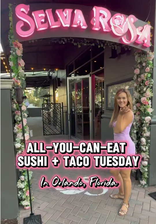 Selva Rosa Cocina & Bar in Maitland showing restaurant, mexican-japanese fusion, tacos, sushi, all-you-can-eat, video by neverboredinorlando on TikTok