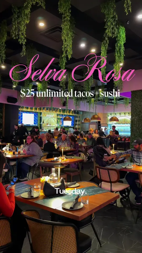 Selva Rosa Cocina & Bar in Maitland showing cocktail, passion fruit margarita pitcher, food, tacos, food, sushi, video by itsdiorgalarza on TikTok