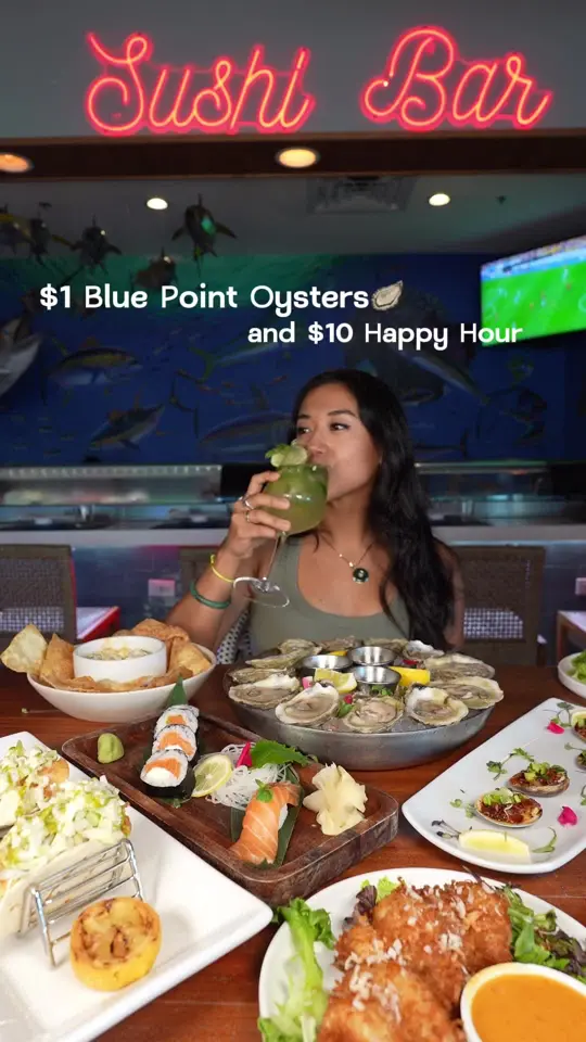 Seminole Reef Grill in Palm Beach Gardens showing happy hour deals, $10 food selections, $1 off beers, $7 house wine, $10 craft cocktails, burger monday, $1 oysters, $29 summer, video by explorewithgg on TikTok