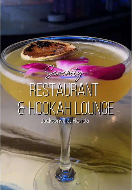 Serenity Restaurant & Lounge in Jacksonville Beach showing cocktail, serenity piña colada / food, shrimp bao buns / food, soft shell crab bao buns, video by boughetto.mk on TikTok