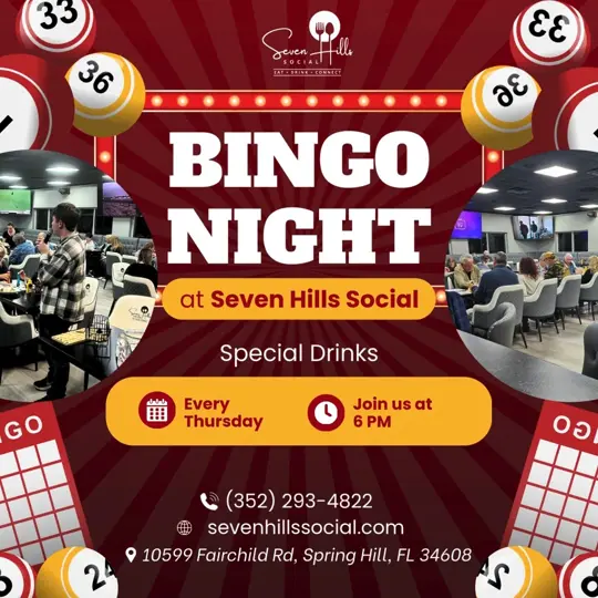 Seven Hills Social in Spring Hill showing bingo night, games, prizes, food, drinks, video by Seven Hills Social on Facebook
