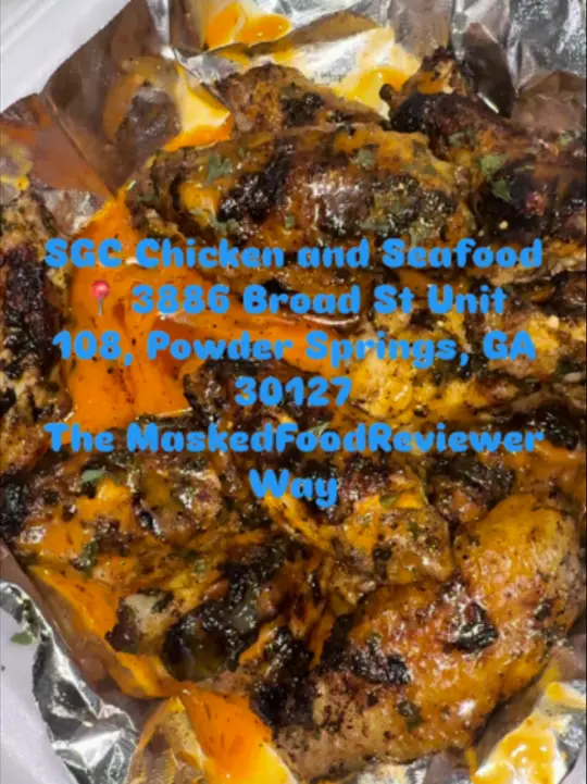 SGC Chicken & Seafood in Powder Springs showing food review, smash burger, salmon cake eggroll, grilled spicy mild wings, grilled parmesan wings, video by iamnotthemask on TikTok