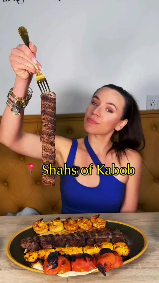 Shahs of Kabob in South Miami showing review, hummus, gheymeh with tahdig, platter, kabobs (koobideh, filet mignon, joojeh chicken, shrimp), basmati, video by alexandra_martin91 on TikTok