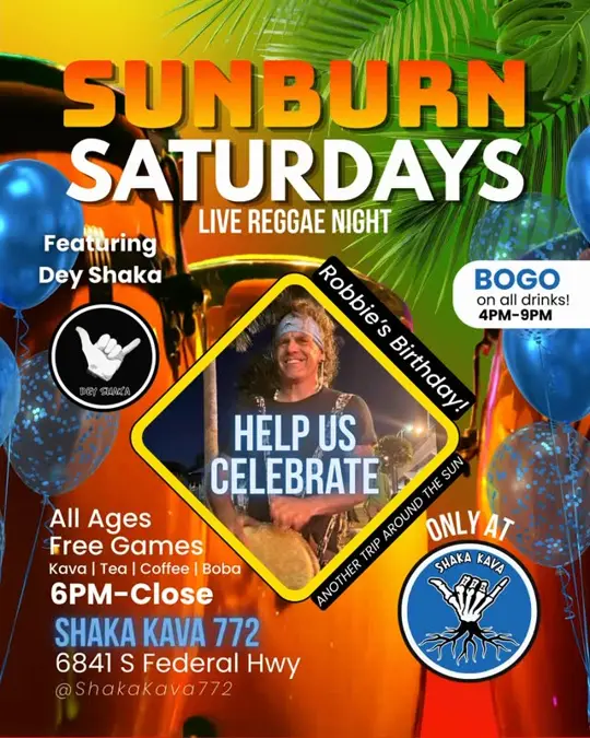  in Florida showing live music, reggae night, birthday celebration, drinks, kava, video by Robbie Tribaldude on Facebook