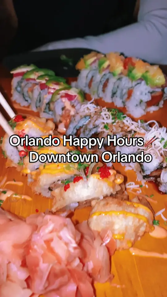 Shakai Sushi Lounge in Orlando showing happy hour, sushi, coconut roll, video by orlandoqueen on TikTok