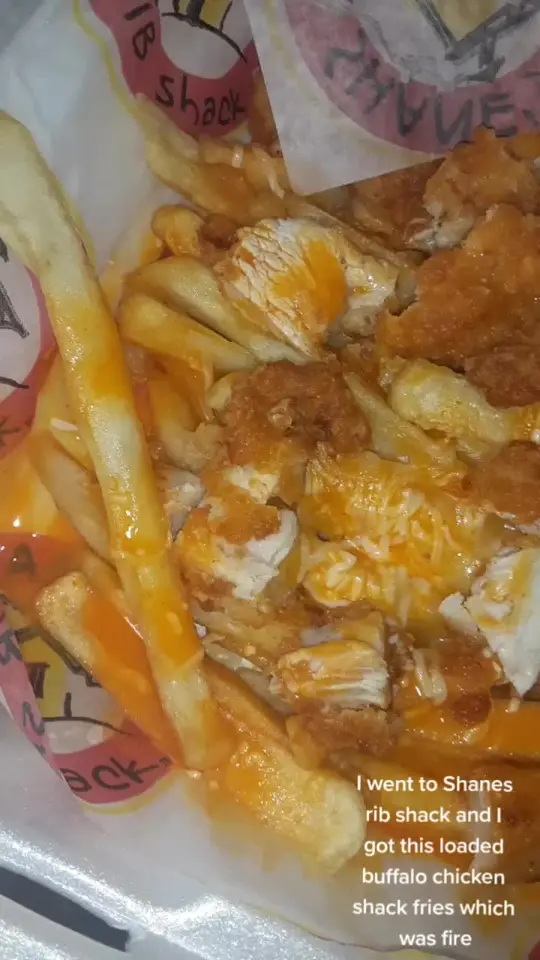 Shane's Rib Shack in Grovetown showing loaded buffalo chicken shack fries, honey mustard lemon pepper tenders, baked beans, mac & cheese, half smoked chicken with honey bbq sauce, video by shopwithadollar on TikTok