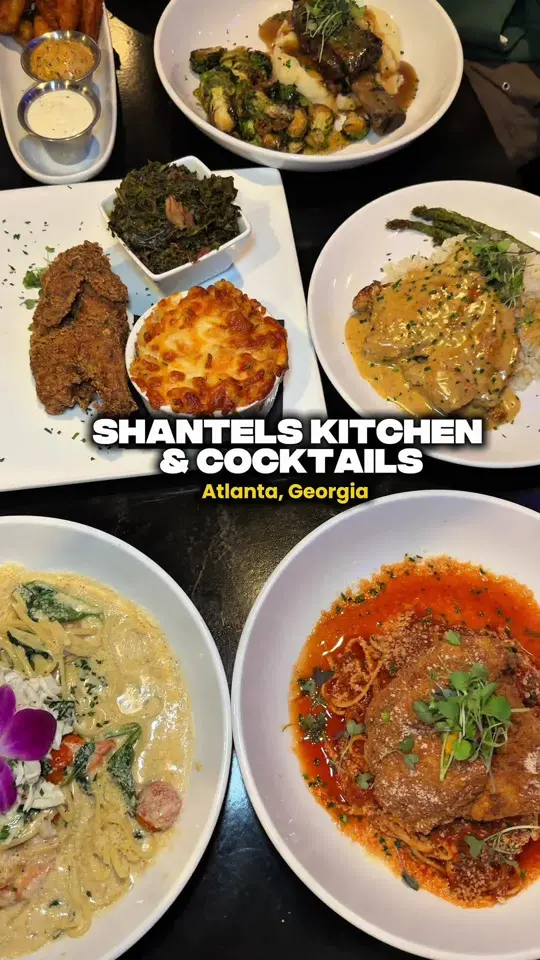 Shantel's Kitchen and Cocktails in Covington showing review, visit, food, short ribs, fried chicken, honey hot cornish hen, seafood pasta, cocktails, video by vibesinatl on TikTok
