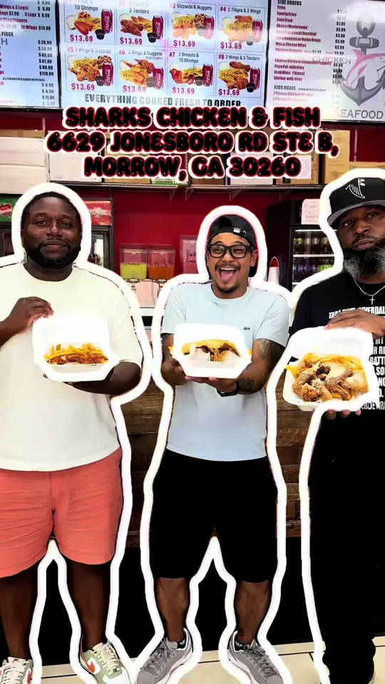 Sharks Chicken & Fish in Morrow showing visit, fried chicken, fried fish, wings, fries, video by iamnotthemask on TikTok