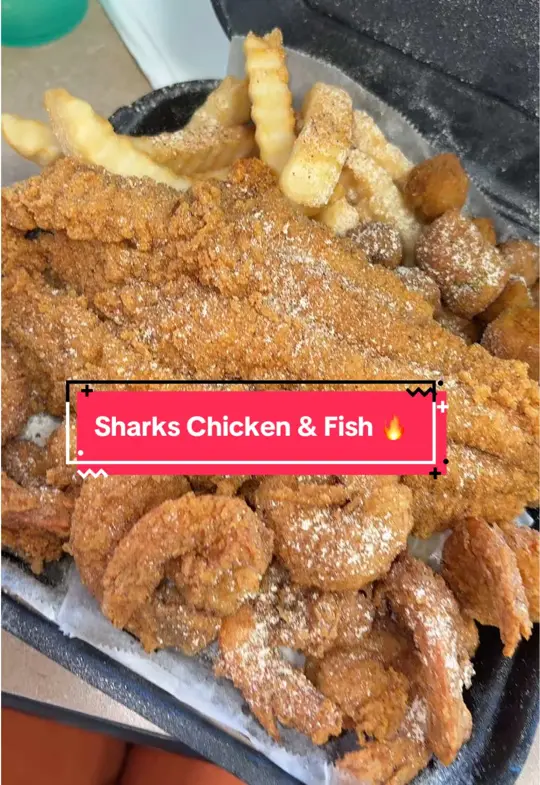 Sharks Chicken & Fish in Riverdale showing review, pick 2 fish and shrimp, video by specialkstyles on TikTok