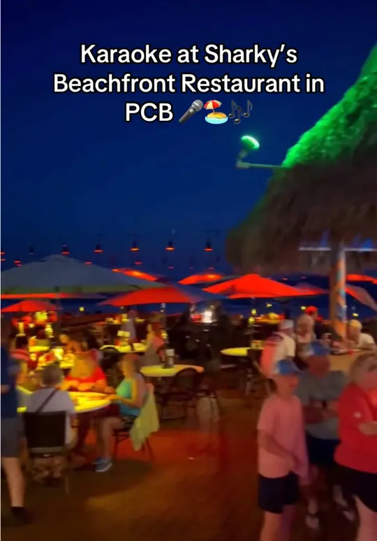Sharky's Beachfront Restaurant in Panama City Beach showing karaoke, beachfront restaurant, video by mermaidbeachadventures on TikTok