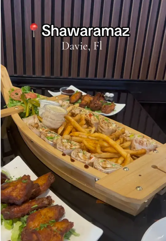 Shawarmaz Mediterranean Restaurant & Grill in Miramar showing shawarma boat, video by halalbitesfl on TikTok