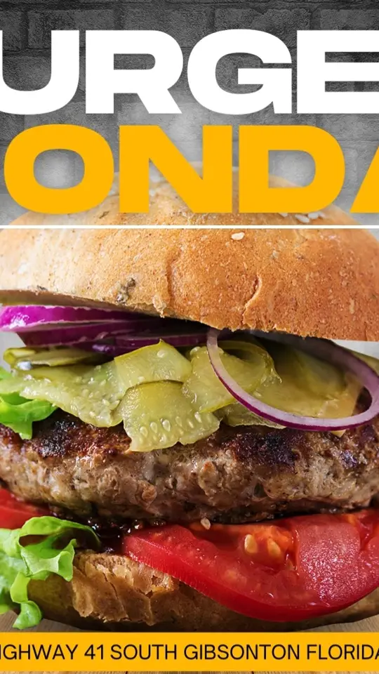 Showtown Bar & Grill in Gibsonton showing burger, burger monday, video by Showtown Bar & Grill on Facebook