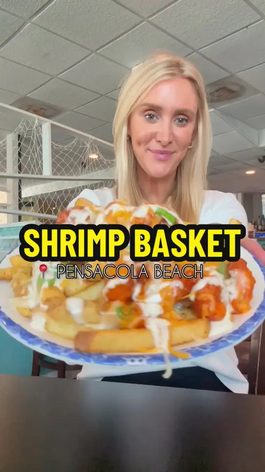 Shrimp Basket in Gulf Breeze showing cocktail, bushwacker, drunkin' punkin', meal, shrimp basket, video by blondeswhoeat on TikTok