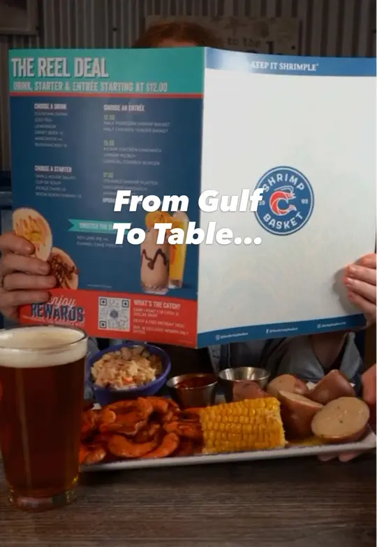 Shrimp Basket in Gulf Breeze showing visit, shrimp, drinks, video by shrimpbasket on TikTok