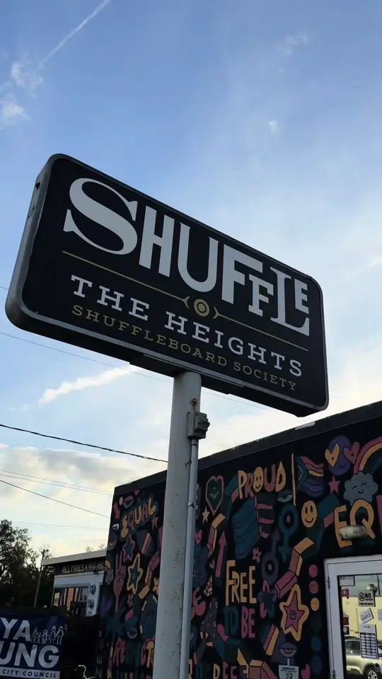 Shuffle in Tampa showing drinks, shuffleboard, neighborhood vibe, private events, celebrations, group get-togethers, video by visittampabay on TikTok