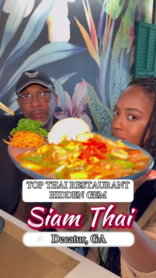 Siam Thai Restaurant in Decatur showing tom yum soup, old fashioneds, high-fried wings, earth, wind & flyer, garlic grouper, fresh basil rolls, dumplings, video by itsallgatl on TikTok