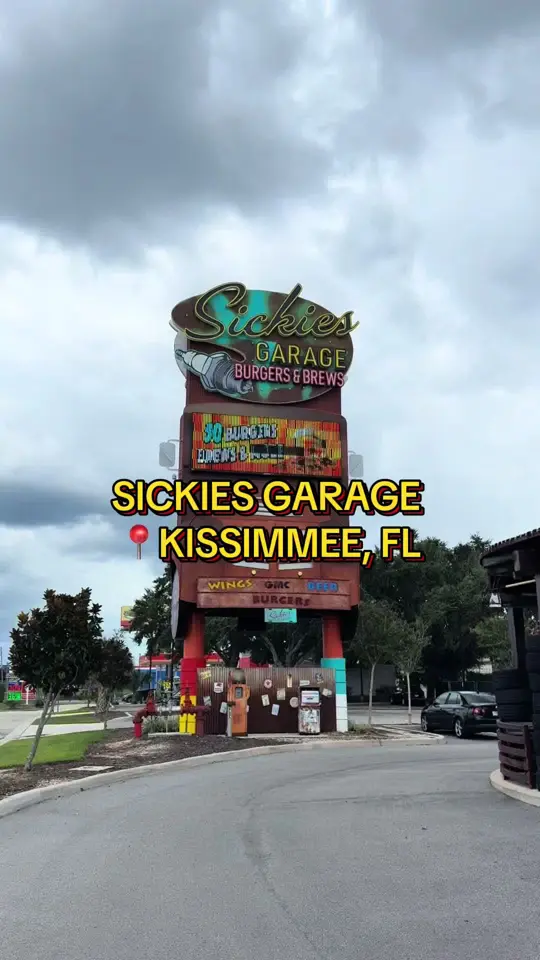 Sickies Garage Burgers & Brews in Kissimmee showing review, visit, video by themeparkmel on TikTok