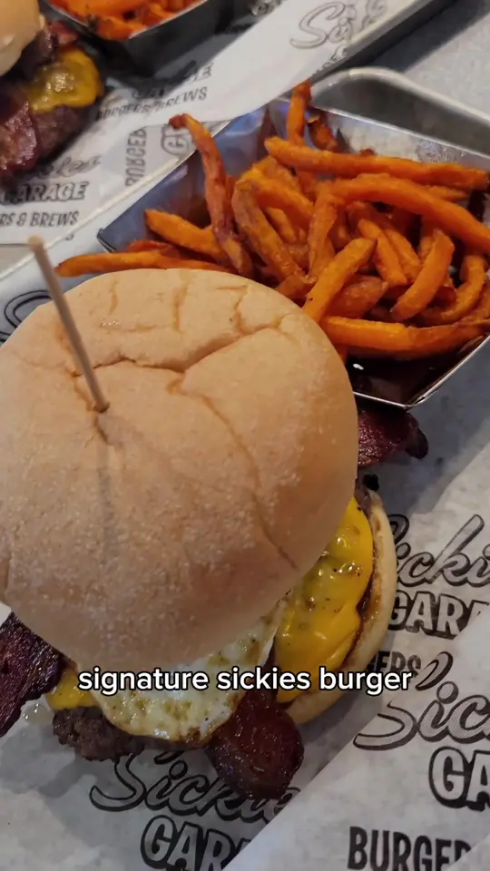 Sickies Garage Burgers & Brews in Kissimmee showing burger, brews, video by experiencekissimmee on TikTok