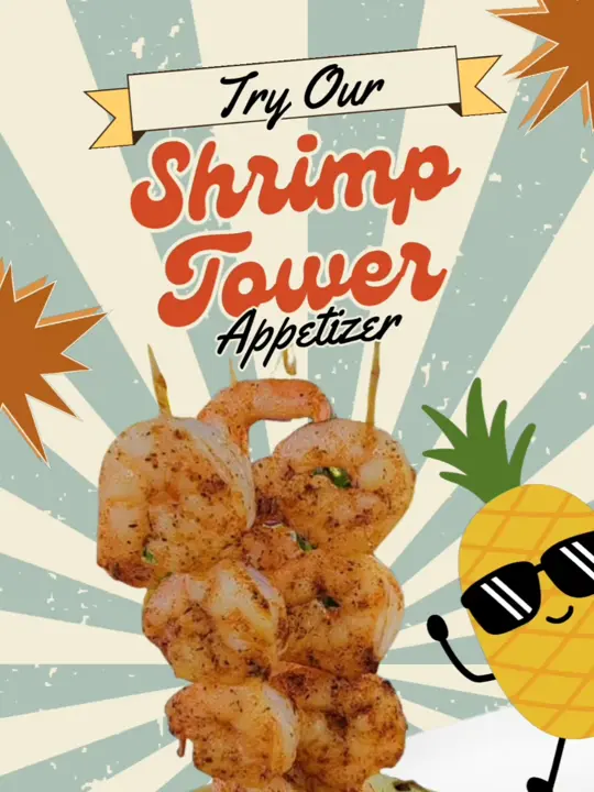 Silver Dolphin Restaurant in Hernando Beach showing shrimp tower, grilled seasoned shrimp, pineapple, video by the.silver.dolphin on TikTok