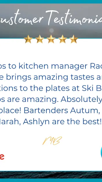 Ski Beach Bar and Grill in Leesburg showing review, praise for kitchen manager rachel, praise for bartenders autumn, tina, marah, and ashlyn, video by Ski Beach Bar and Grill on Facebook