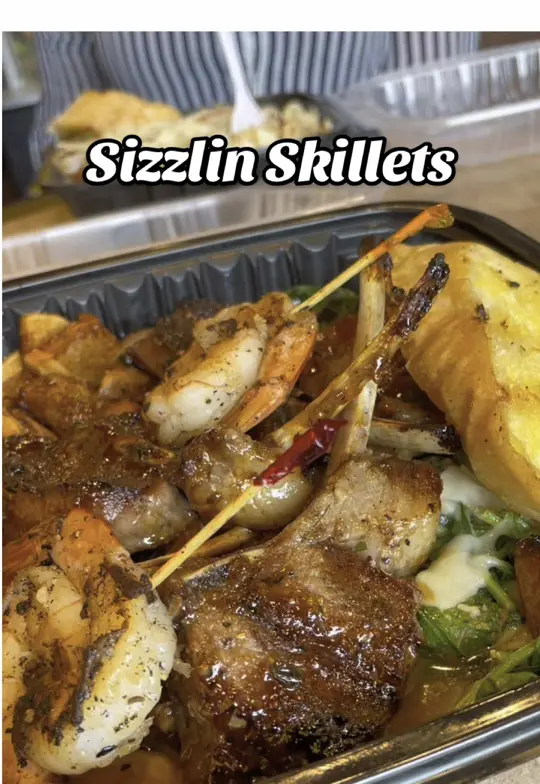 Skillets in Naples showing review, glazed lamb chops, chicken & shrimp alfredo, video by theblackfoodies1 on TikTok