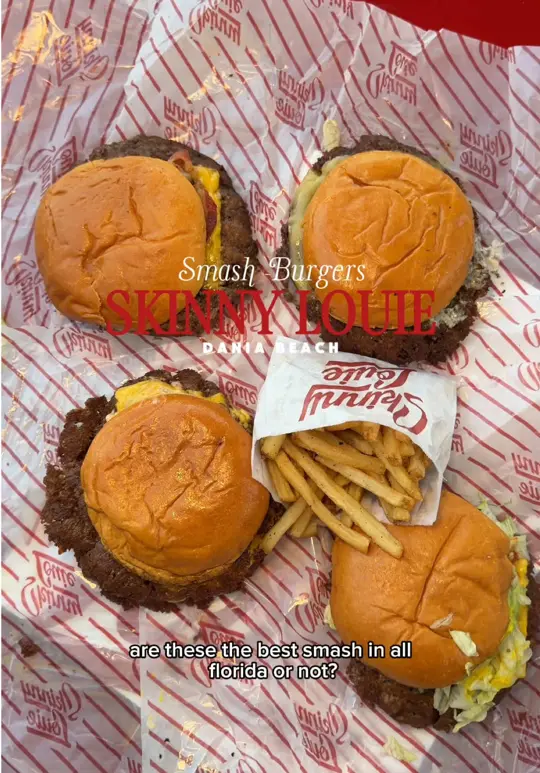 Skinny Louie in Dania Beach showing smash burgers, skinny louie cheeseburger, video by miamiyums on TikTok