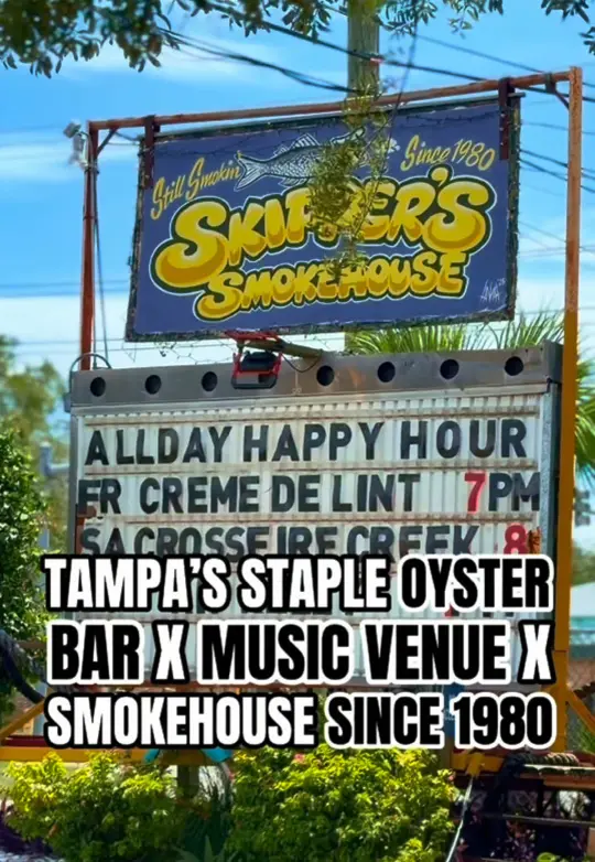 Skipper's Smokehouse in Tampa showing live music, oysters, wings, grouper reuben sandwich, visit, bar atmosphere, video by tampabayisawesome on TikTok