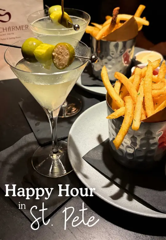 Slim Charmer in St. Petersburg showing food, fries, drinks, martini, video by the.checkpls on TikTok