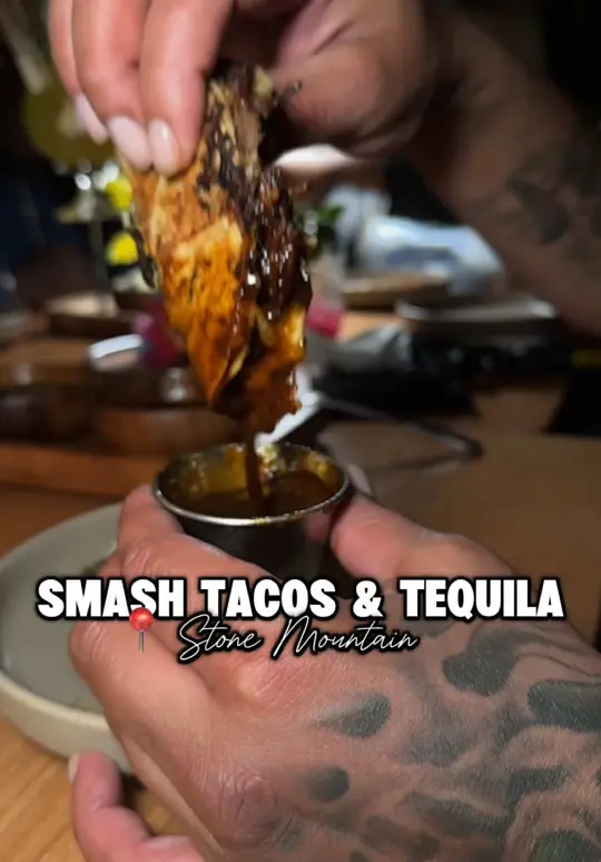 Smash Tacos & Tequila in Stone Mountain showing review, visit, rice & beans, oxtail birria tacos, drinks, video by twocentsliyah on TikTok