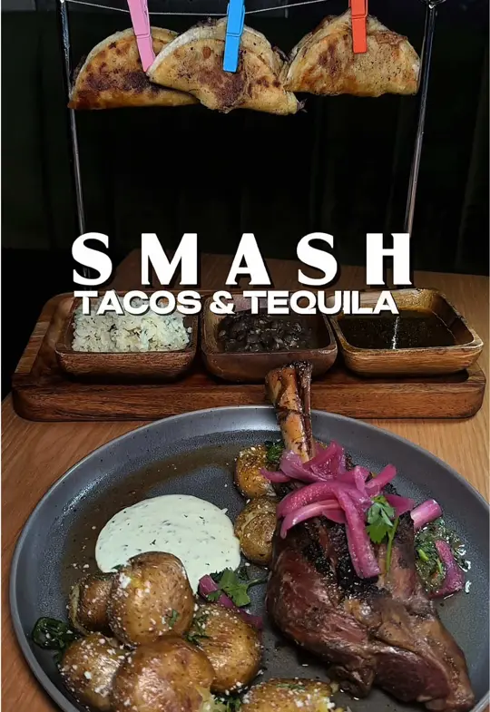 Smash Tacos & Tequila in Stone Mountain showing food, oxtail birria tacos, lamb shank, guava habanero wings, pineapple coconut ice cream taco, cocktails, hookah, video by bestbiteswithj on TikTok