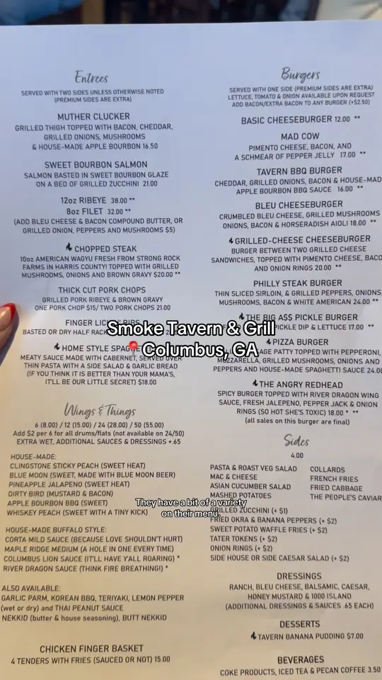 Smoke Tavern and Grill in Columbus showing restaurant opening, menu items, appetizers, tacos, wings, steaks, salmon, video by Home and Lifestyle Now on Facebook