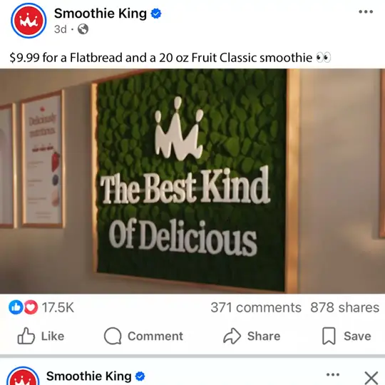 Smoothie King in Royal Palm Beach showing food, protein-packed flatbread, drink, 20oz fruit classic smoothie, video by Smoothie King on Facebook