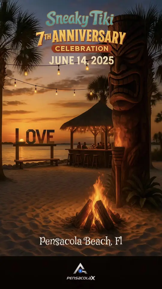 Sneaky Tiki Bar in Pensacola Beach showing live music, anniversary celebration, video by pensacolax on TikTok