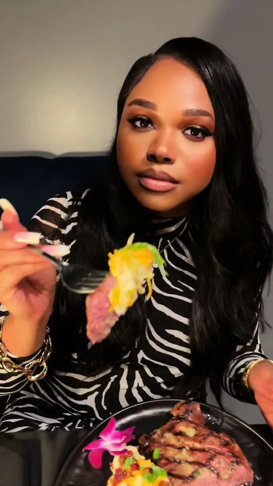 Snook's Grill & Cocktails in Johns Creek showing visit, review, food, juicy steak, homemade mash potatoes, spinach dip, video by marronjadore on TikTok