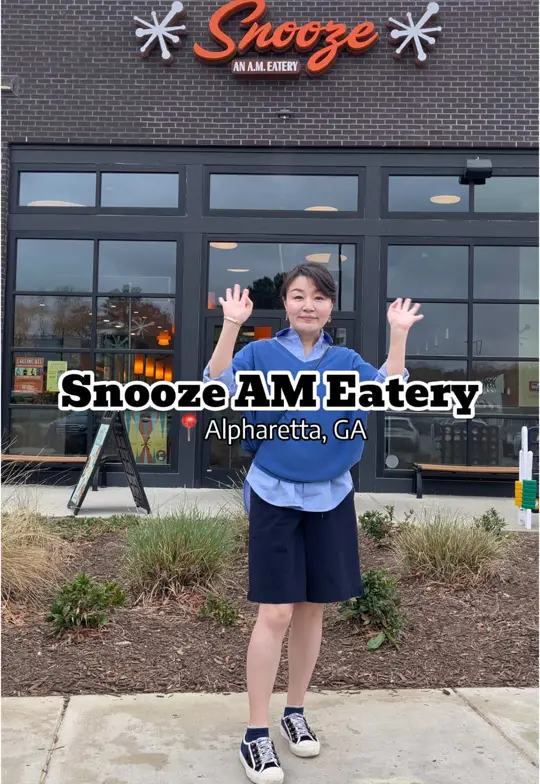 Snooze, an A.M. Eatery in Alpharetta showing brunch, food review, parmesan-panko crab cake benedict, ham benedict iii and bella! benny, benny duo, protein pancake, bravocado, video by atlanta_foodyyyyy on TikTok