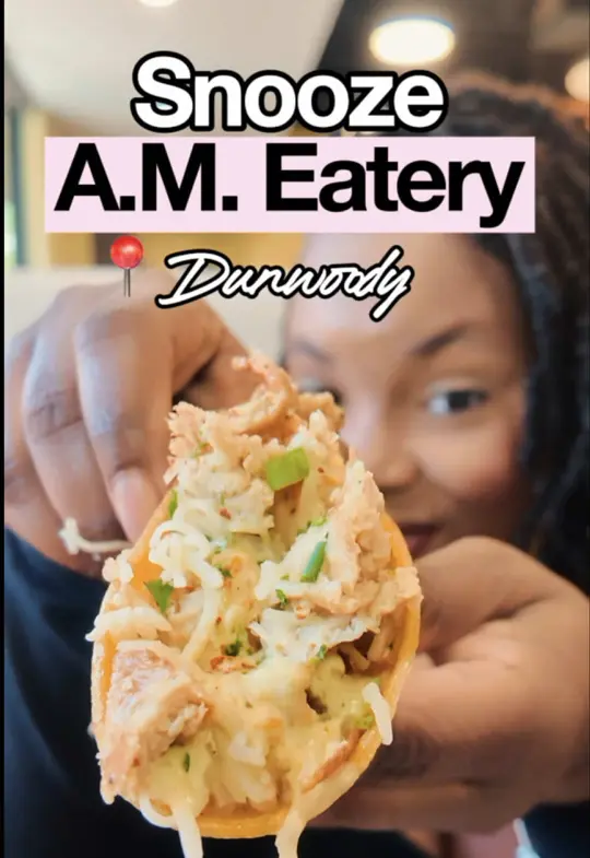 Snooze, an A.M. Eatery in Atlanta showing brunch, pancake flights, breakfast tacos, honey oat milk latte, blackberry mint limeade, video by seemyinnerbeauty1st on TikTok