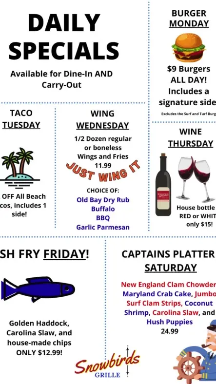 Snowbirds Grille in Venice showing food, daily specials, burger, taco, wings, wine, fish fry, captain's platter, video by Snowbirds Grille on Facebook