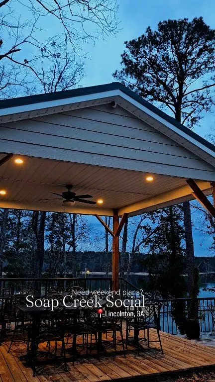 Soap Creek Social in Lincolnton showing review, lakeside views, outdoor deck, indoor space, full bar, chef, video by Dating CSRA on Facebook
