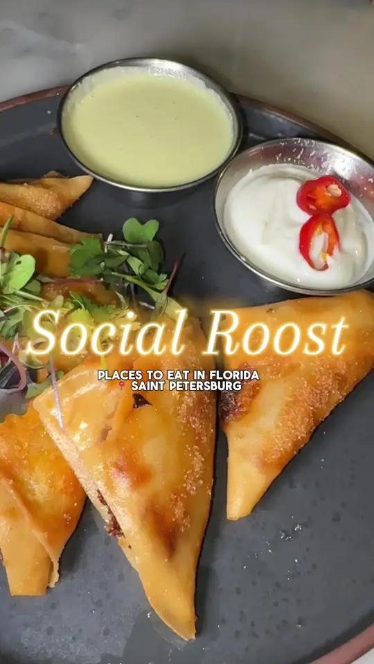 Social Roost in St. Petersburg showing food review, peruvian chicken, chicken samosas, video by ntashahall on TikTok