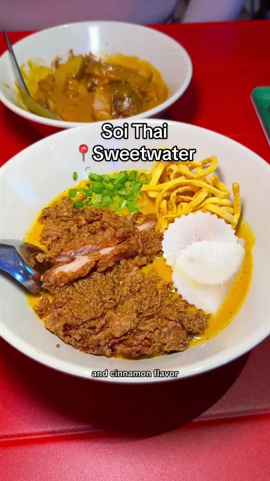 Soi Thai Street Food & Sake Bar in Miami showing food, thai iced tea / food, pad thai wonton / food, holy basil stir fry with crispy pork / food, massaman curry / food, kaho soi / food,, video by iviethefoodie on TikTok