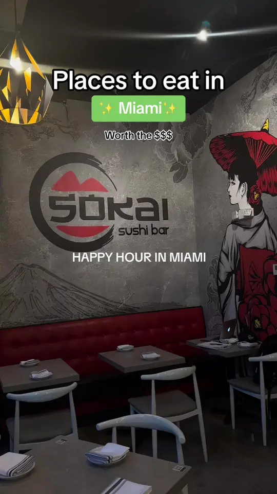 Sokai Sushi Bar Kendall in Miami showing happy hour, kani rolls, white sangria, thai donuts, kids menu, video by bellamerlot_ on TikTok