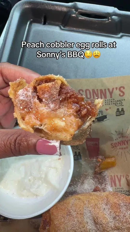 Sonny's BBQ in Albany showing food, peach cobbler, video by brittbratt305 on TikTok