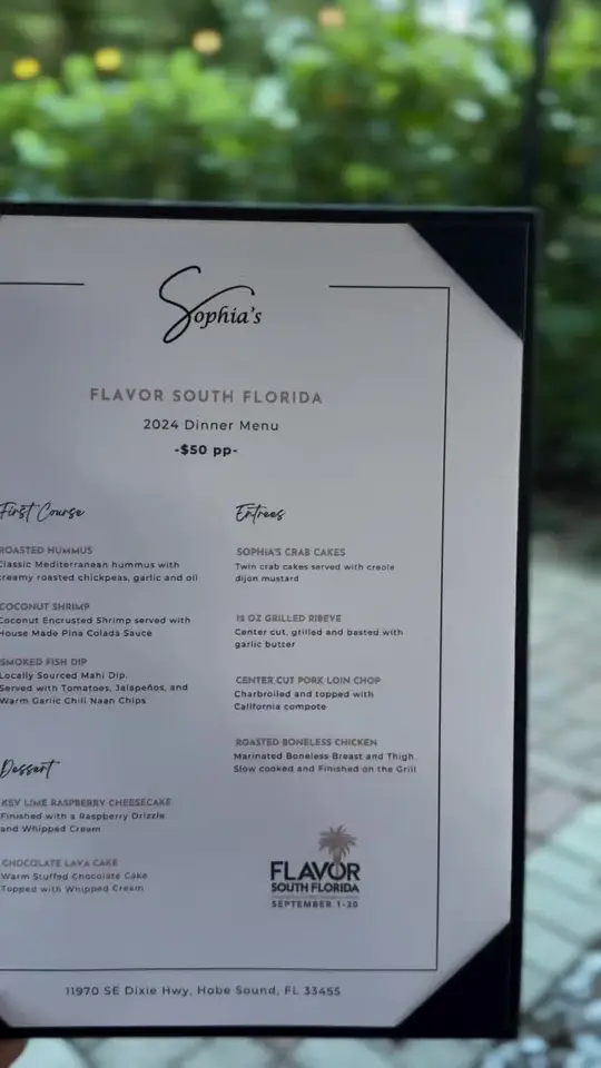 Sophia’s in Hobe Sound showing food, pork chop, food, sweet potato-crusted grouper, food, caesar salad, drinks, wine, food, desserts, video by eatlocalflorida on TikTok