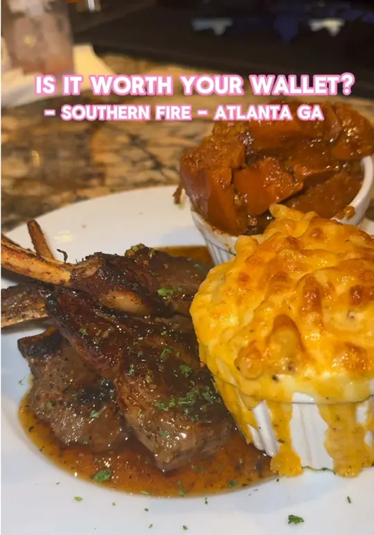 SOUTHERN FIRE KITCHEN in Atlanta showing review, fried shrimp platter, mac & cheese, yams, lamb chops, video by chelledianna_ on TikTok