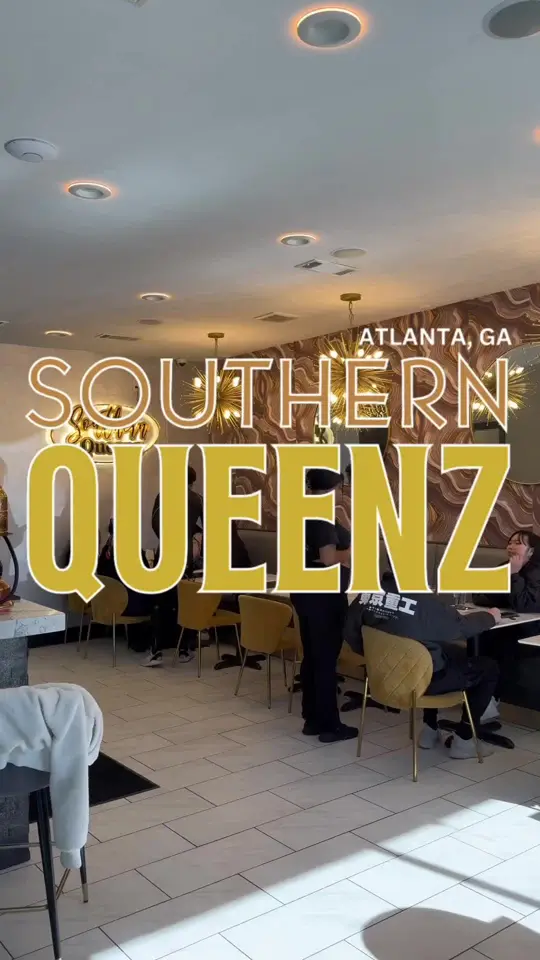 Southern Queenz in Atlanta showing review, visit, drink, polar expresso, drink, frozen rainbow flight, drink, spiked egg nog, food, chicken & oreo french toast, food, turkey necks, food, video by atlhotspots1 on TikTok
