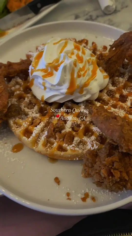 Southern Queenz in Atlanta showing restaurant review, chicken and waffles, french toast, breakfast, brunch, video by atlantasfatfoodie on TikTok